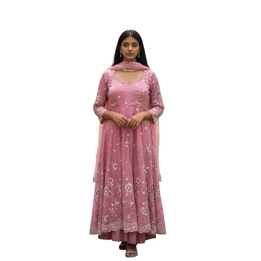 NWT Embroidered Anarkali Salwar Suit Semi Stitched. The color is dark pink.